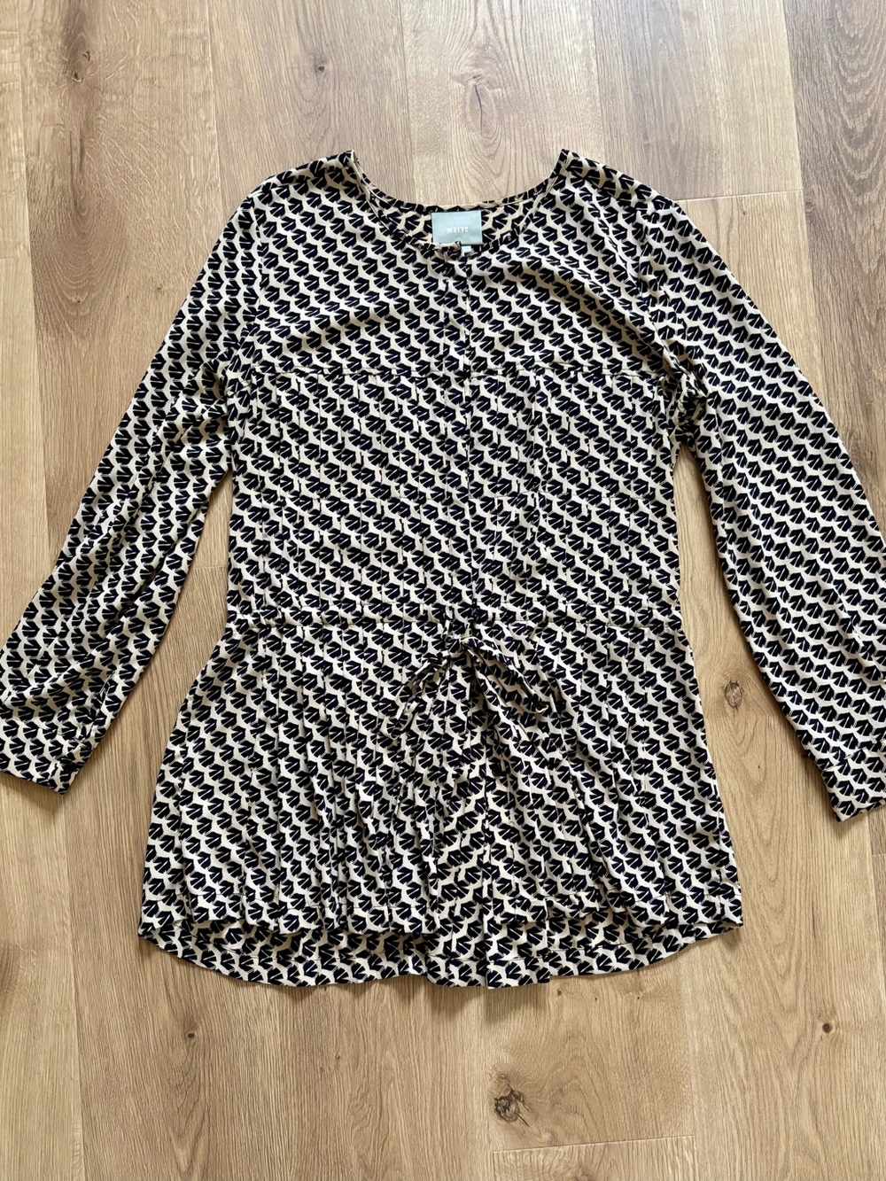 Anthropologie Black and Cream Printed Tie-Front Long-Sleeve Blouse